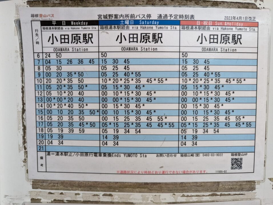 宮城野案内所前バス停から箱根湯本駅（小田原駅）方面