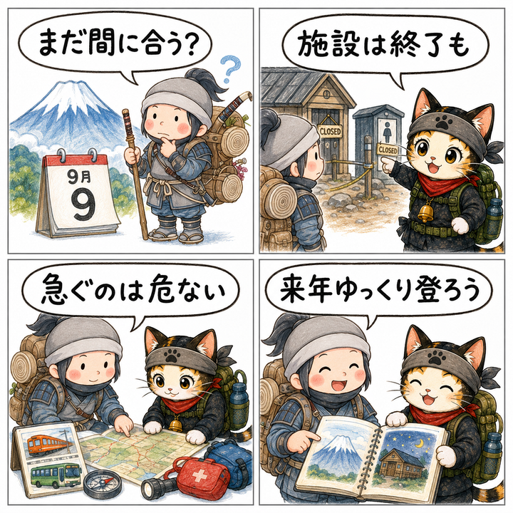 富士山閉山直前の駆け込み登山について考える忍者ハイカーと忍者ネコの4コマ漫画