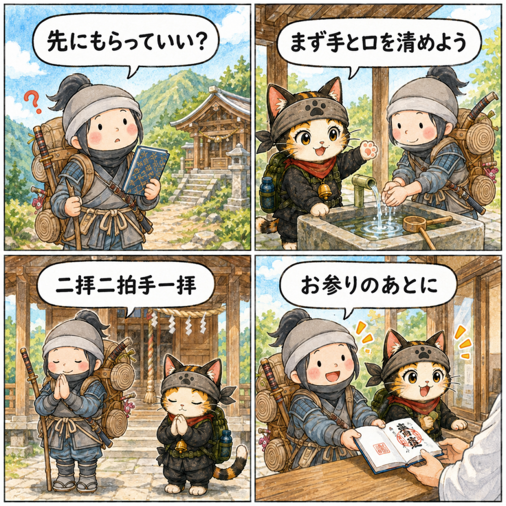 御朱印をいただく前の参拝手順を説明する忍者ハイカーと忍者ネコの4コマ漫画。手は正しく2本