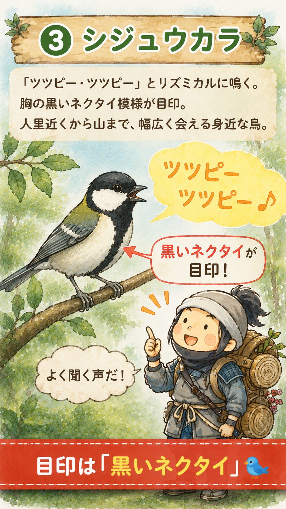 シジュウカラの鳴き声と黒いネクタイ模様を紹介するイラスト