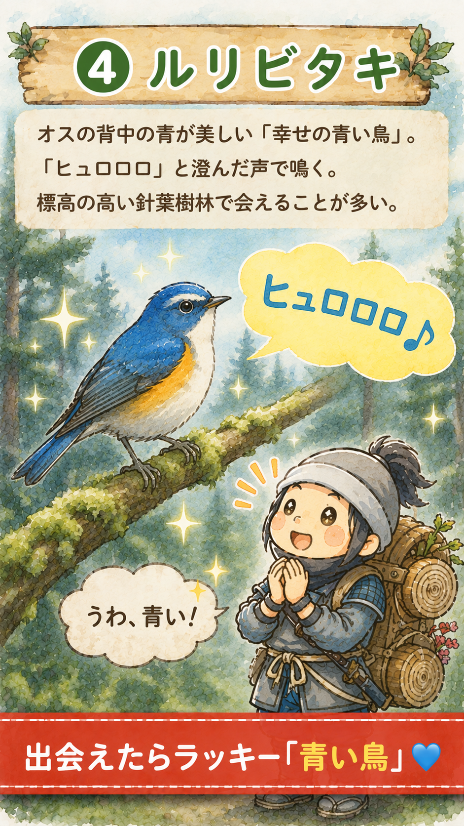 青いルリビタキの姿と鳴き声を紹介するイラスト