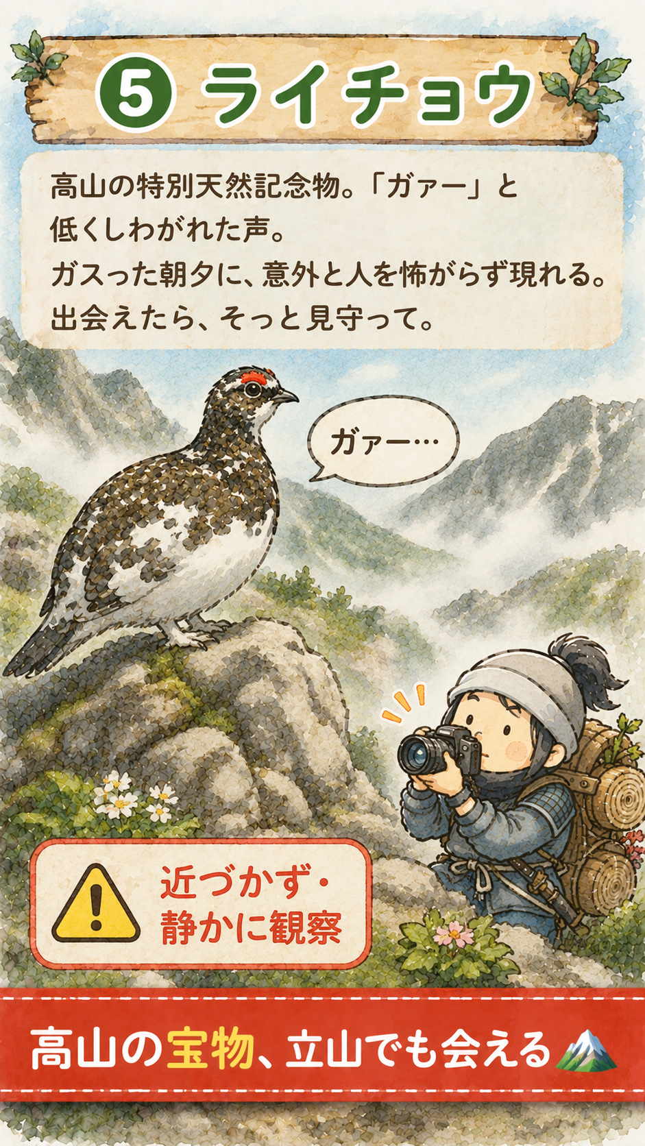 高山のライチョウと近づかず静かに観察する注意を伝えるイラスト