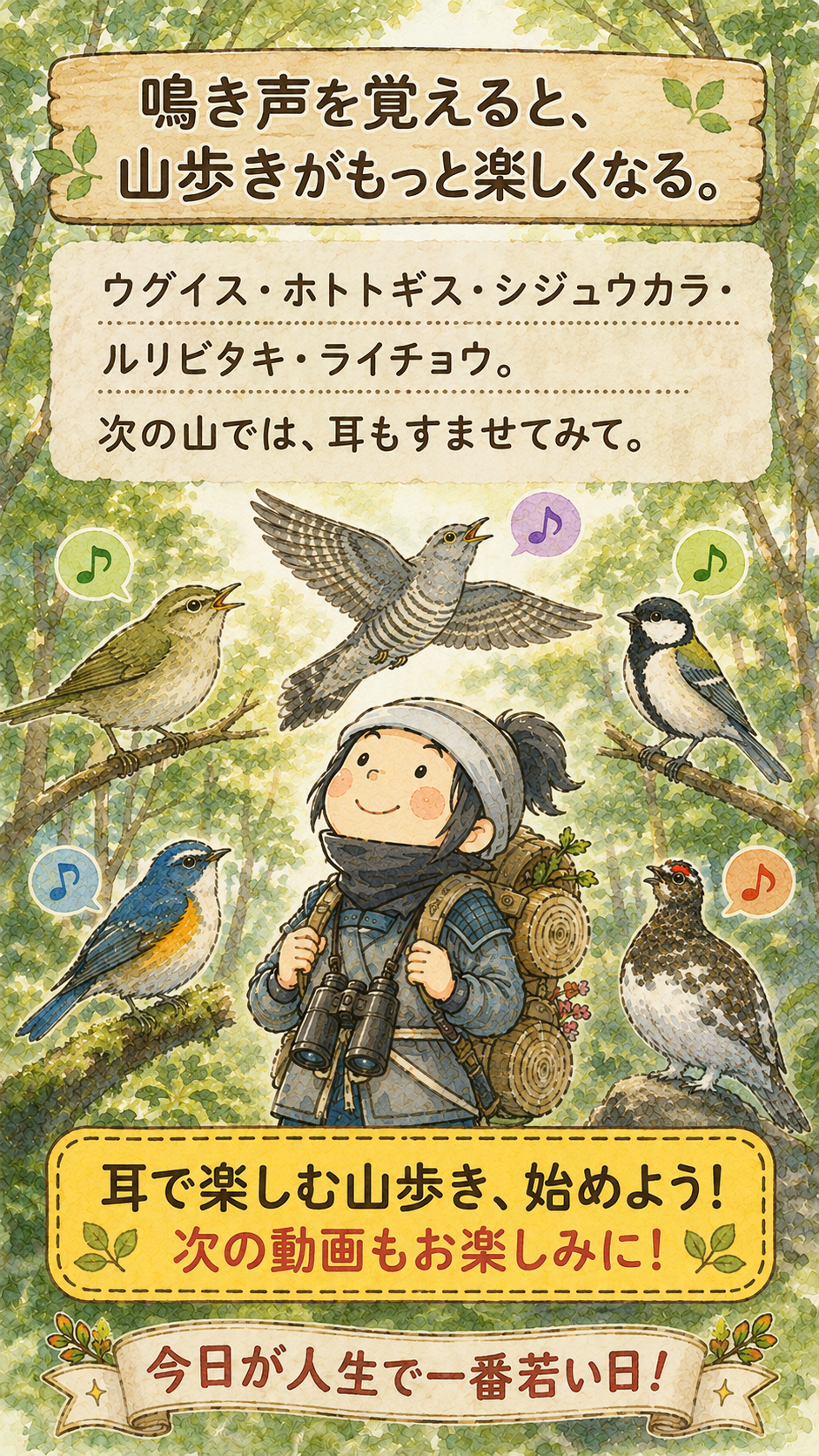 鳴き声を覚えて山歩きを楽しむ忍者ハイカーと5種類の野鳥