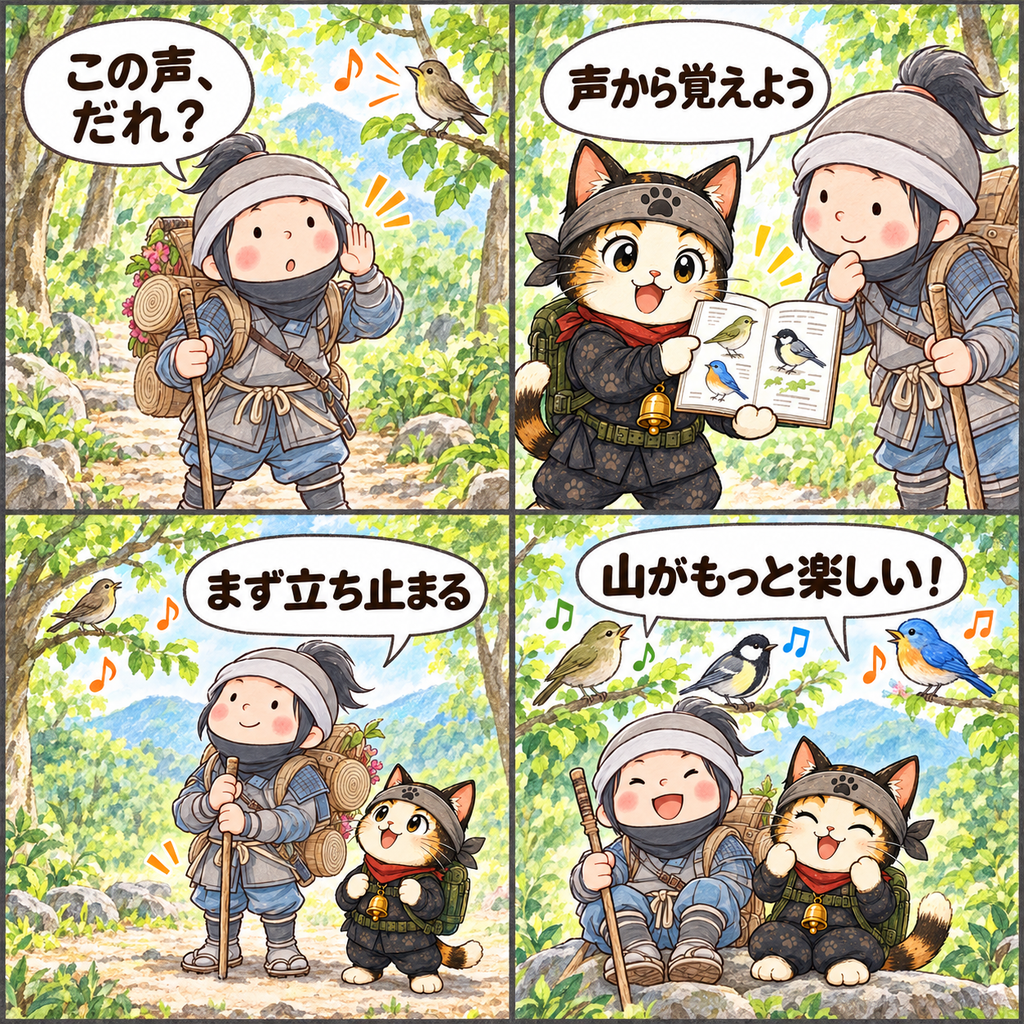 山で鳥の声を聞き、立ち止まって楽しむ忍者ハイカーと忍者ネコの4コマ漫画