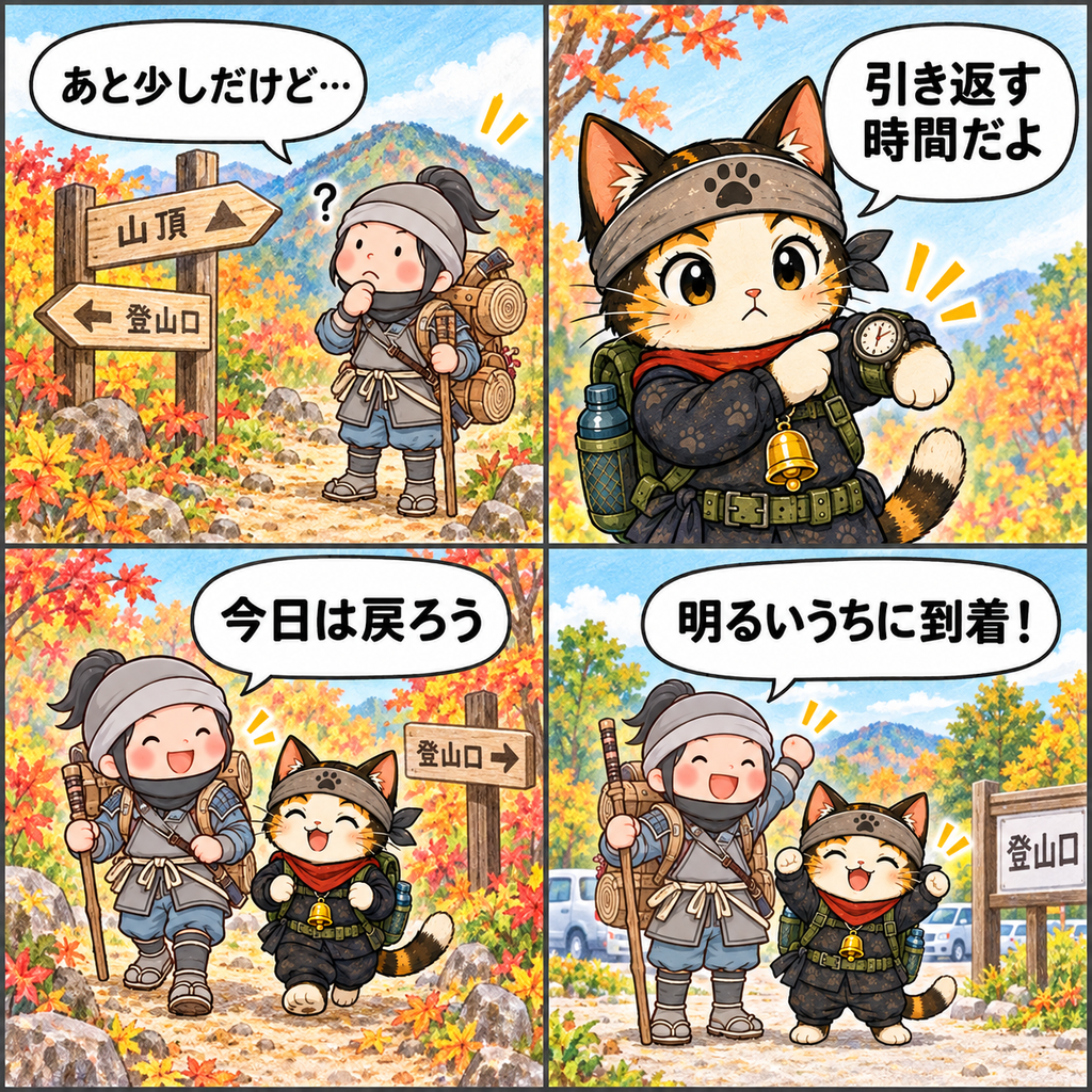 予定した時刻になったため山頂を諦め、明るいうちに下山する忍者ハイカーと忍者ネコの4コマ漫画
