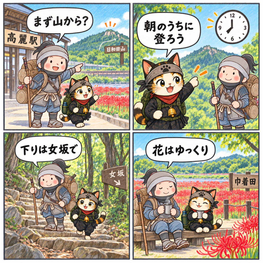 朝に日和田山へ登り、女坂で下山してから巾着田の曼珠沙華を見る4コマ漫画