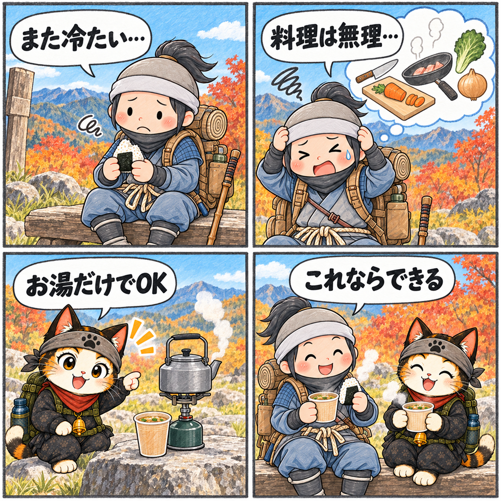 料理が苦手な忍者ハイカーが、お湯だけで温かい山ごはんを作る4コマ漫画