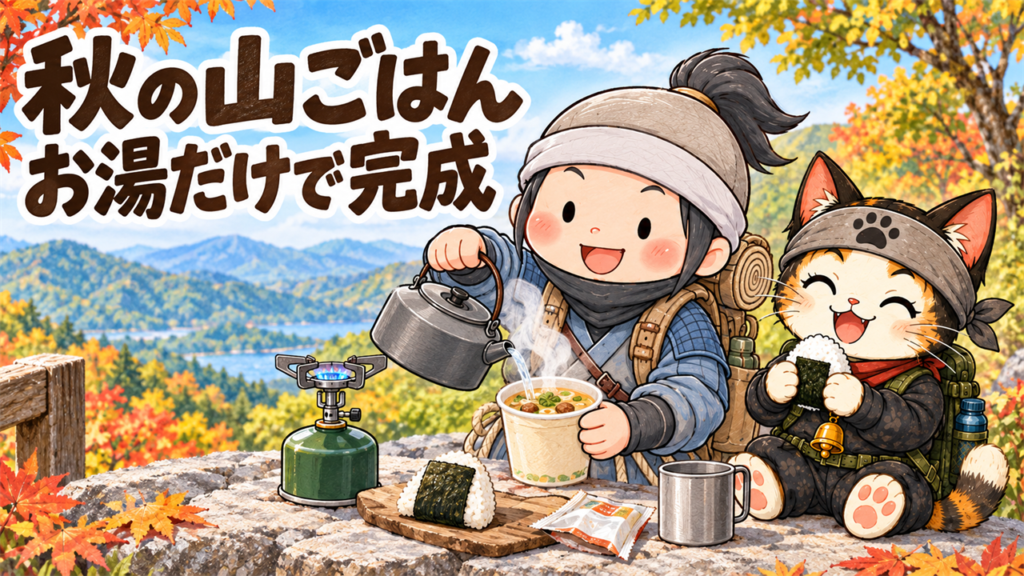 秋の山で忍者ハイカーがお湯を注いで豚汁を作り、忍者ネコがおにぎりを持つイラスト