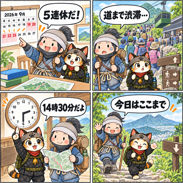 筑波山の連休混雑で14時30分を下山判断にする忍者ハイカーと忍者ネコの4コマ漫画
