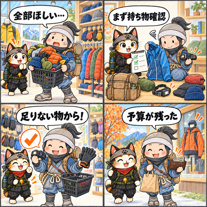 秋冬登山の買い足しは手持ち装備を確認してから選ぶ4コマ漫画