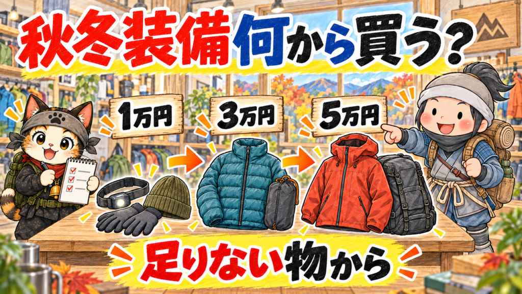 秋冬登山の装備を1万・3万・5万円の予算別に選ぶイラスト