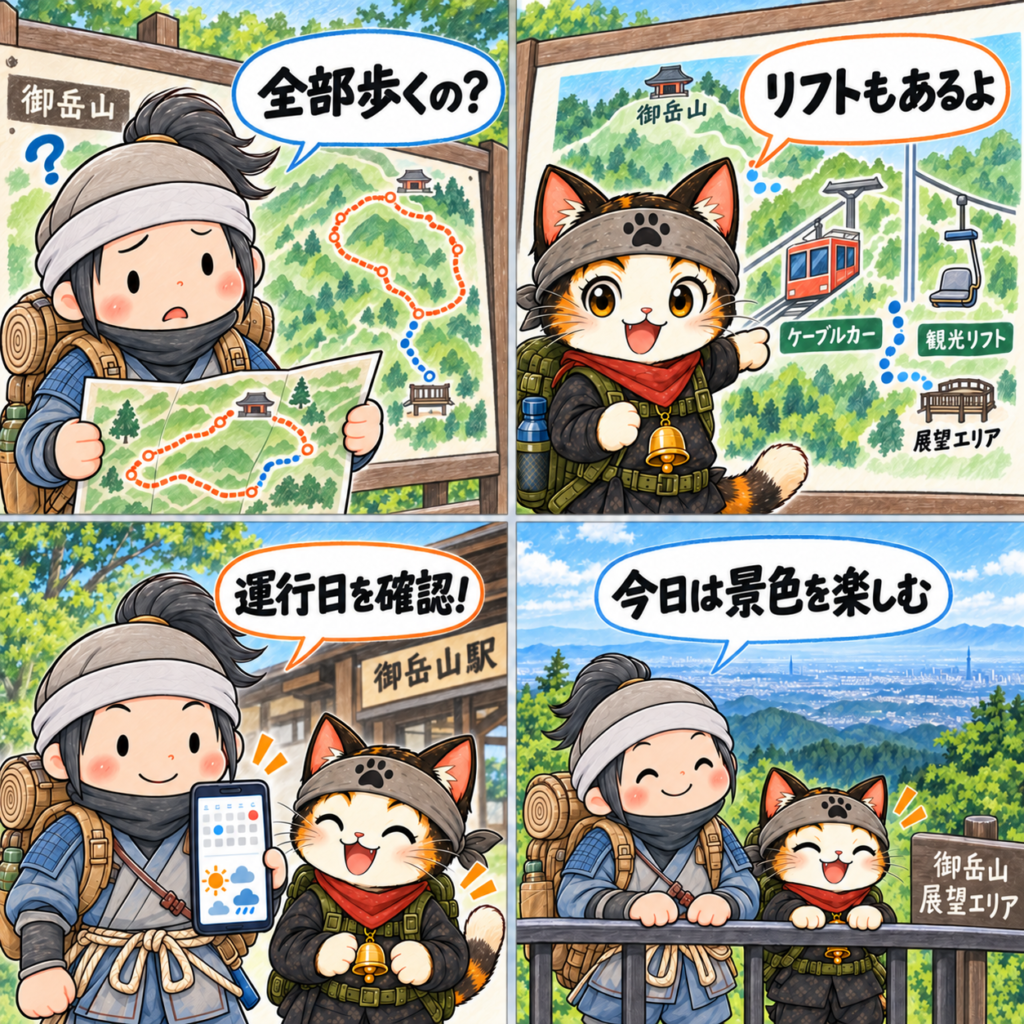 忍者ハイカーと忍者ネコがリフトの運行日を確認し、御岳山の景色を短いお出かけで楽しむ4コマ漫画
