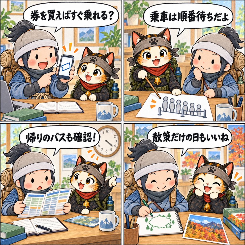 オンライン券と乗車待ちの違いを知り、帰りのバスと散策計画を確認する4コマ漫画
