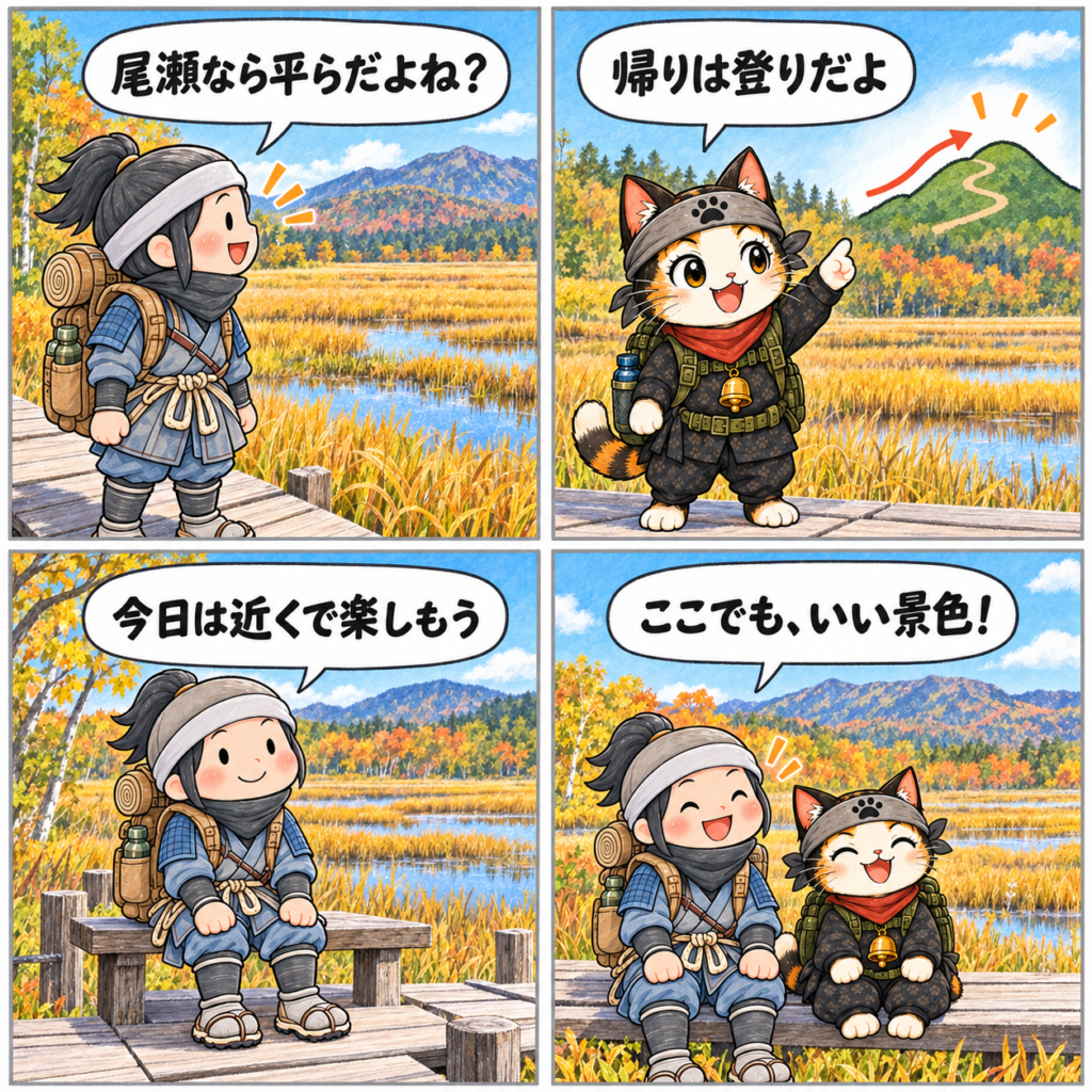 尾瀬は帰りが登りと知り、近くの湿原をゆっくり楽しむ忍者ハイカーと忍者ネコの4コマ漫画