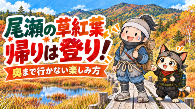尾瀬の草紅葉を背景に、鳩待峠への帰りは登りと伝える忍者ハイカーと忍者ネコ