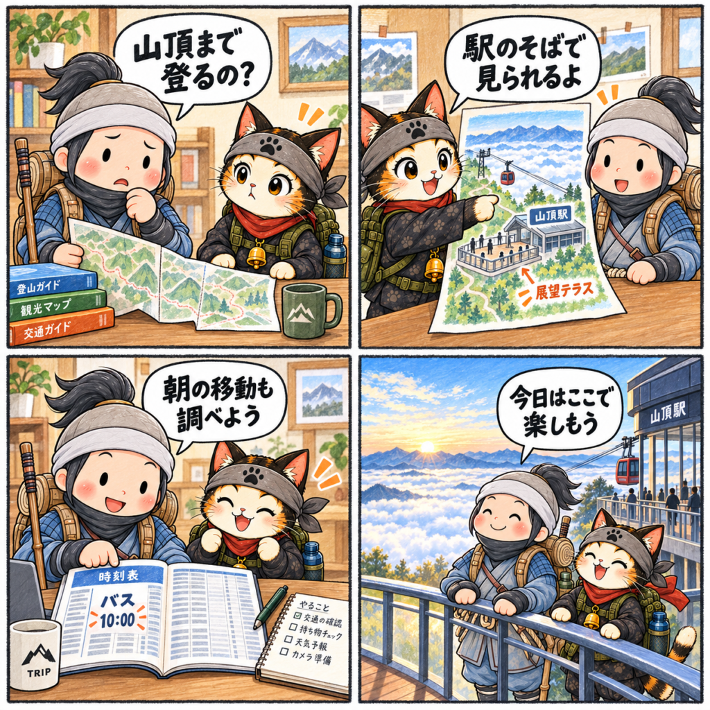 早朝の交通を調べ、山頂まで登らず駅そばで雲海を楽しむ忍者ハイカーと忍者ネコの4コマ漫画