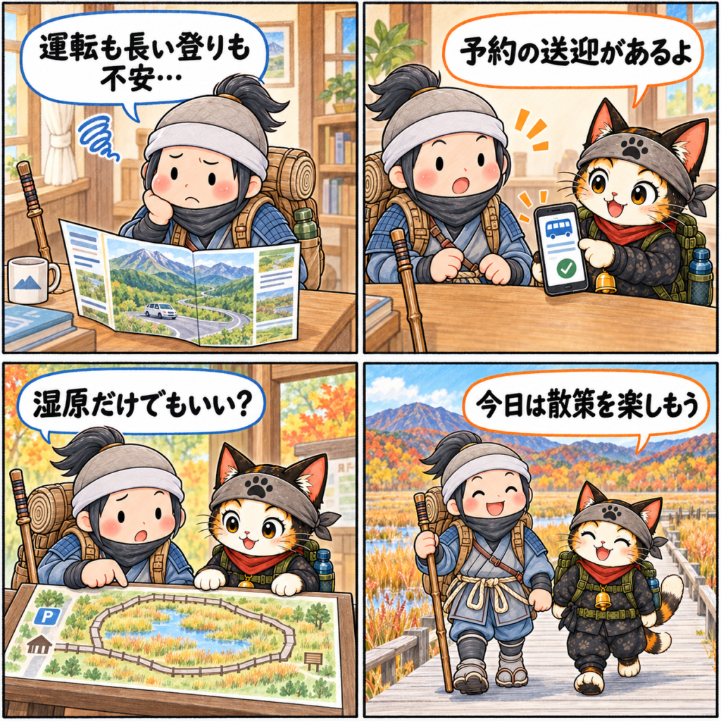 予約の送迎を使い、長い登山ではなく湿原散策を選ぶ忍者ハイカーと忍者ネコの4コマ漫画