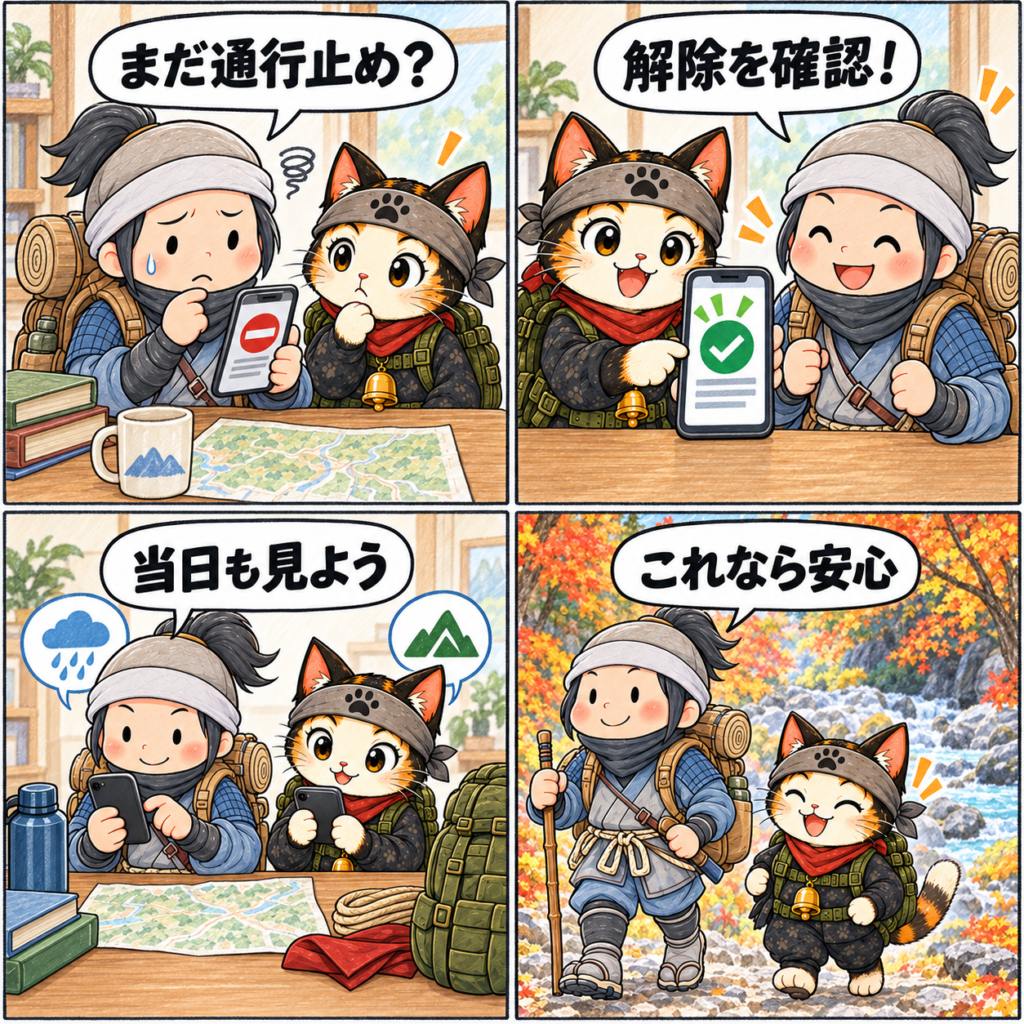 古い通行止め情報を見た忍者ハイカーが、忍者ネコと最新の西沢渓谷通行情報を確認する4コマ漫画