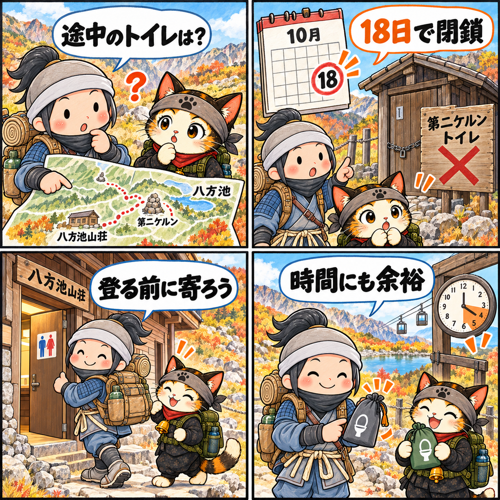 八方池の第2ケルントイレ閉鎖と事前準備を説明する4コマ漫画
