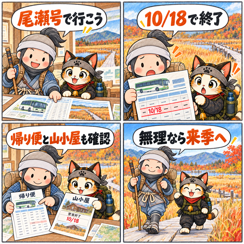高速バス尾瀬号の今季運行終了を知り、古い時刻表を閉じて計画を見直す忍者ハイカーと忍者ネコの4コマ漫画