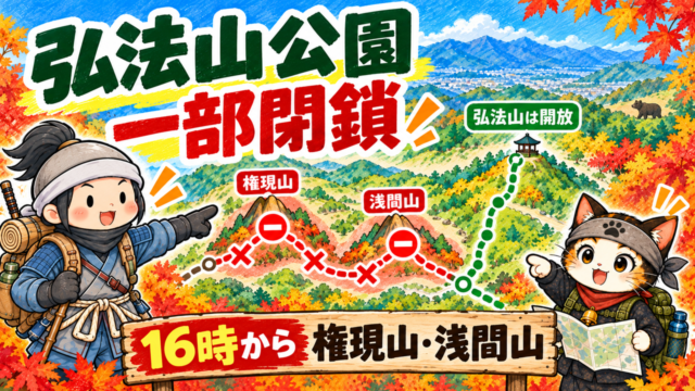 弘法山公園のうち権現山・浅間山は閉鎖、弘法山は開放中と案内する地図イラスト