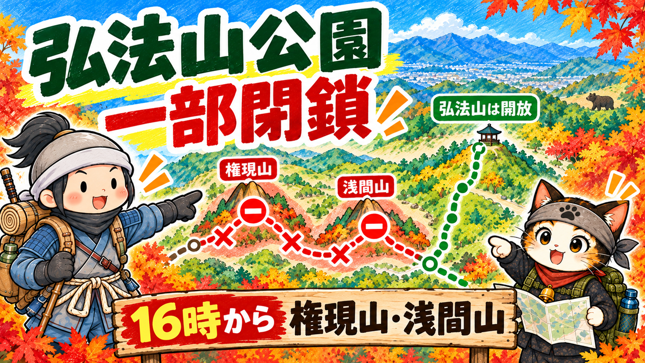 弘法山公園のうち権現山・浅間山は閉鎖、弘法山は開放中と案内する地図イラスト