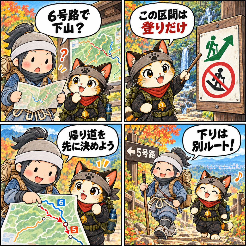 高尾山6号路の一方通行期間に、下山ルートを先に決める忍者ハイカーと忍者ネコ