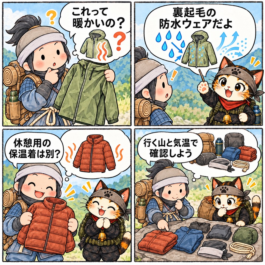 「これって暖かいの?」「裏起毛の防水ウェアだよ」「休憩用の保温着は別?」「行く山と気温で確認しよう」と話す忍者ハイカーと忍者ネコの4コマ