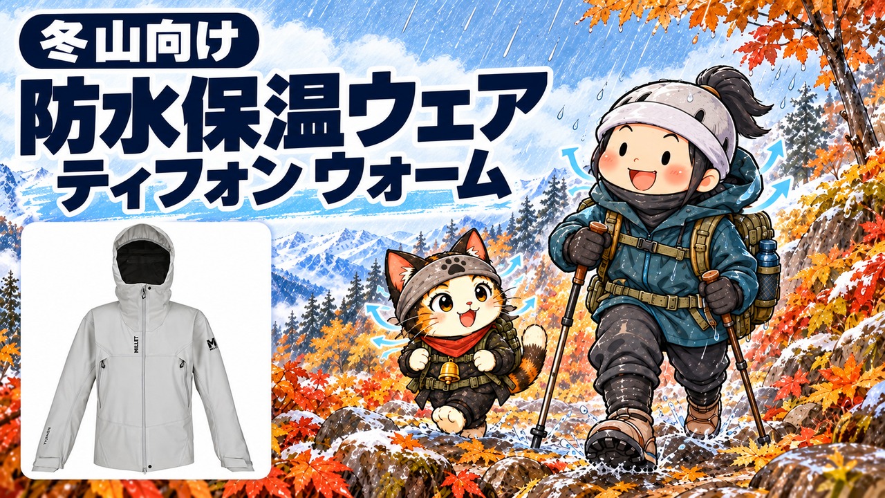 タイトル「冬山向け 防水保温ウェア ティフォン ウォーム」と、商品写真、登山する忍者ハイカーと忍者ネコを組み合わせたアイキャッチ