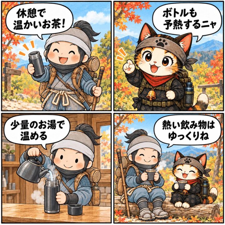 忍者ハイカーと忍者ネコが保温ボトルの予熱と安全な使い方を話す4コマ漫画
