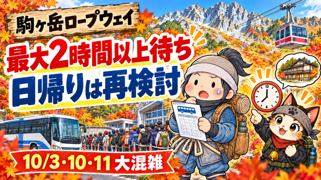 駒ヶ岳ロープウェイの10月大混雑予想と日帰り再検討を伝えるアイキャッチ