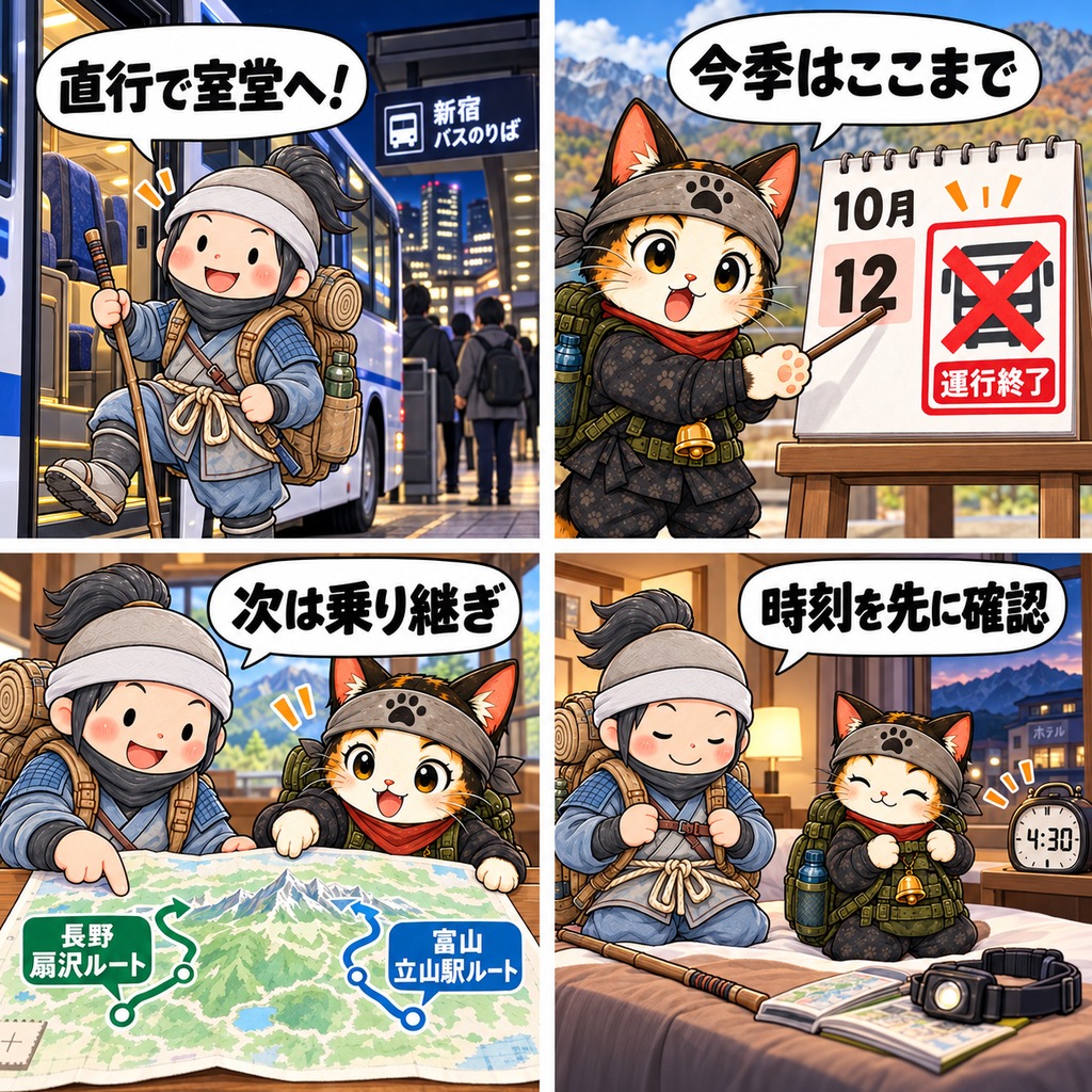 室堂直行バス終了後の乗り継ぎと前泊を確認する忍者ハイカーと忍者ネコの4コマ漫画