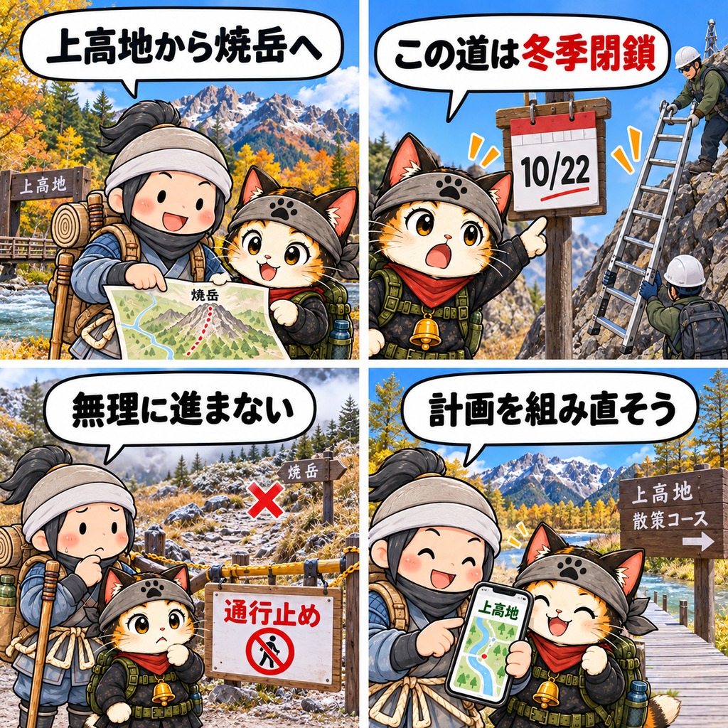 焼岳の上高地側登山道が10月22日から冬季閉鎖となり、計画を組み直す忍者ハイカーと忍者ネコの4コマ漫画